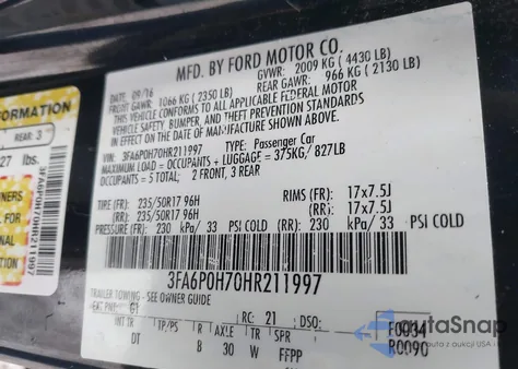 2017 Ford Fusion Se z USA, uszkodzony, nr VIN 3FA6P0H70HR211997